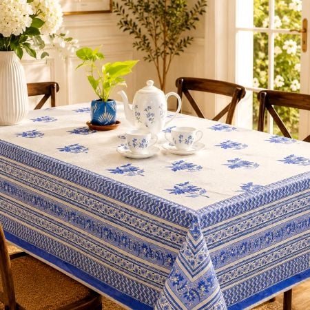 Blue Floral Pattern Handmade Canvas Cotton Table Cover